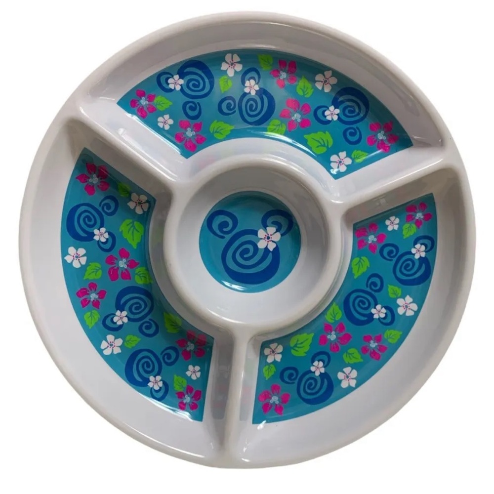 Disney Dip Tray Party Serving Platter Round Plastic Mickey Mouse Hawaiian Floral